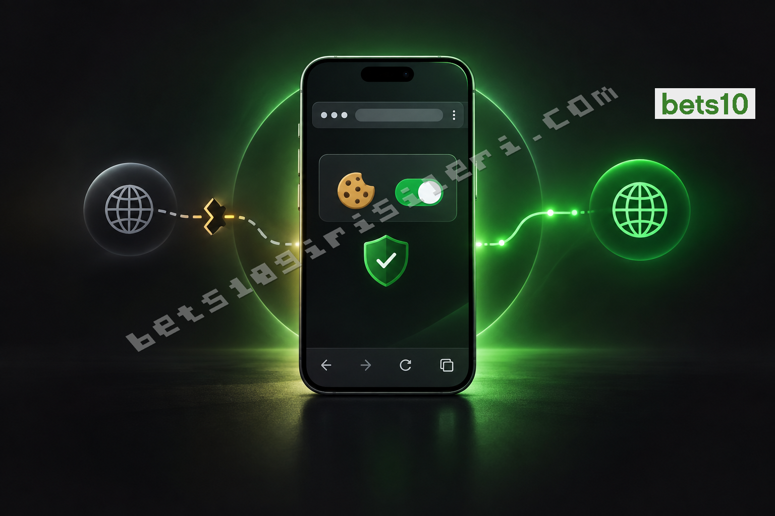 Koyu zeminde yeşil ışıkla aydınlanan telefon, bets10 giriş sorunu için çerez izinlerinin kontrolünü ve bağlantının yeniden kurulmasını simgeliyor.