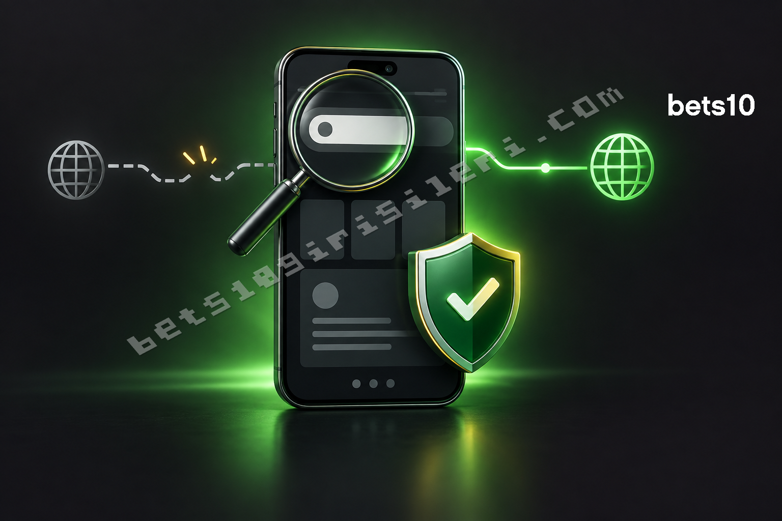 Koyu zeminde yeşil ışıkla aydınlanan telefon, büyüteç ve güvenlik kalkanı bets10 güncel giriş adresini doğrulama sürecini simgeliyor.
