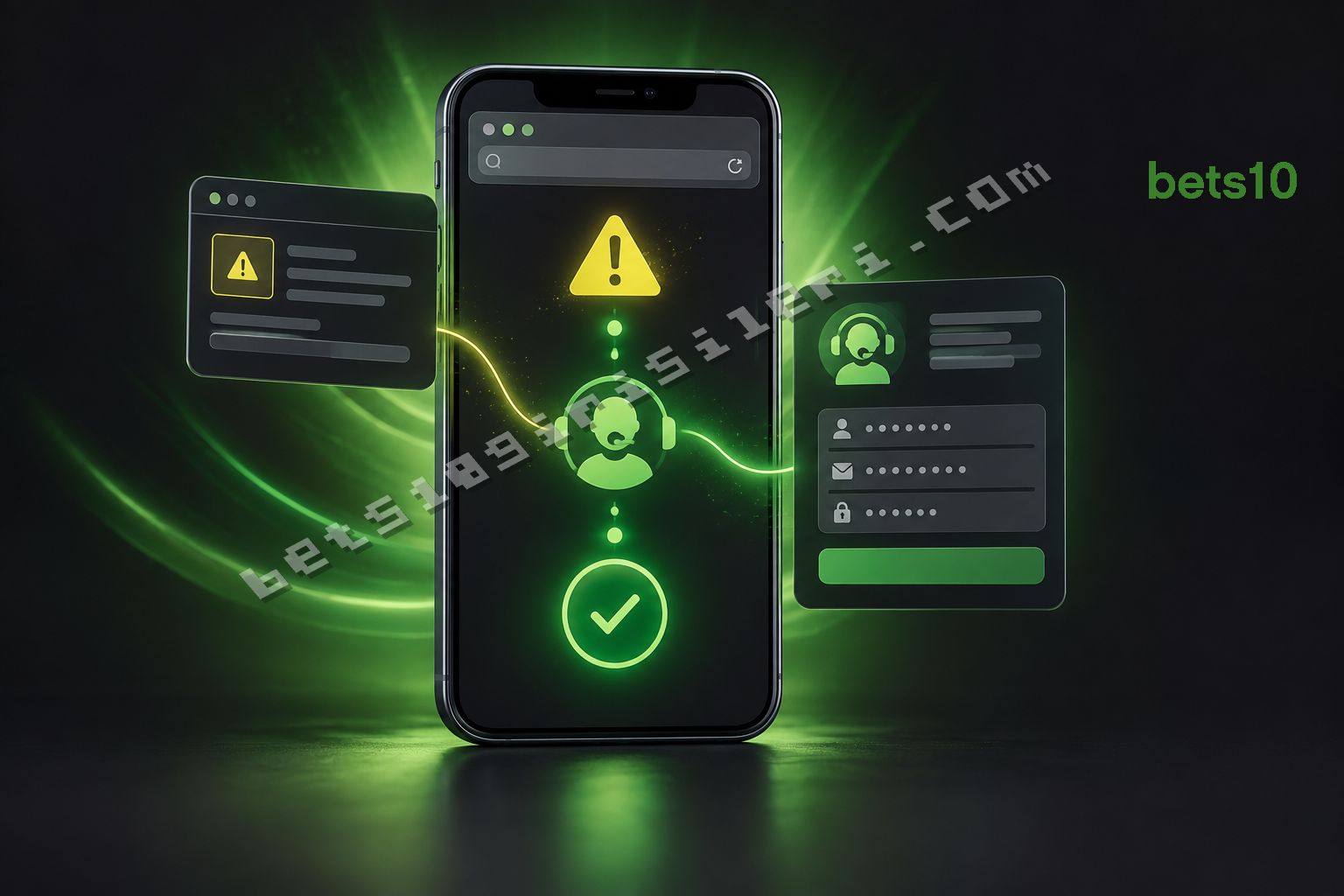 Bets10 hata kodları bildirimi için gizlenmiş ekran alanları ve destek simgesi gösteren telefon, koyu zeminde yeşil bağlantı ışığıyla çevreleniyor.