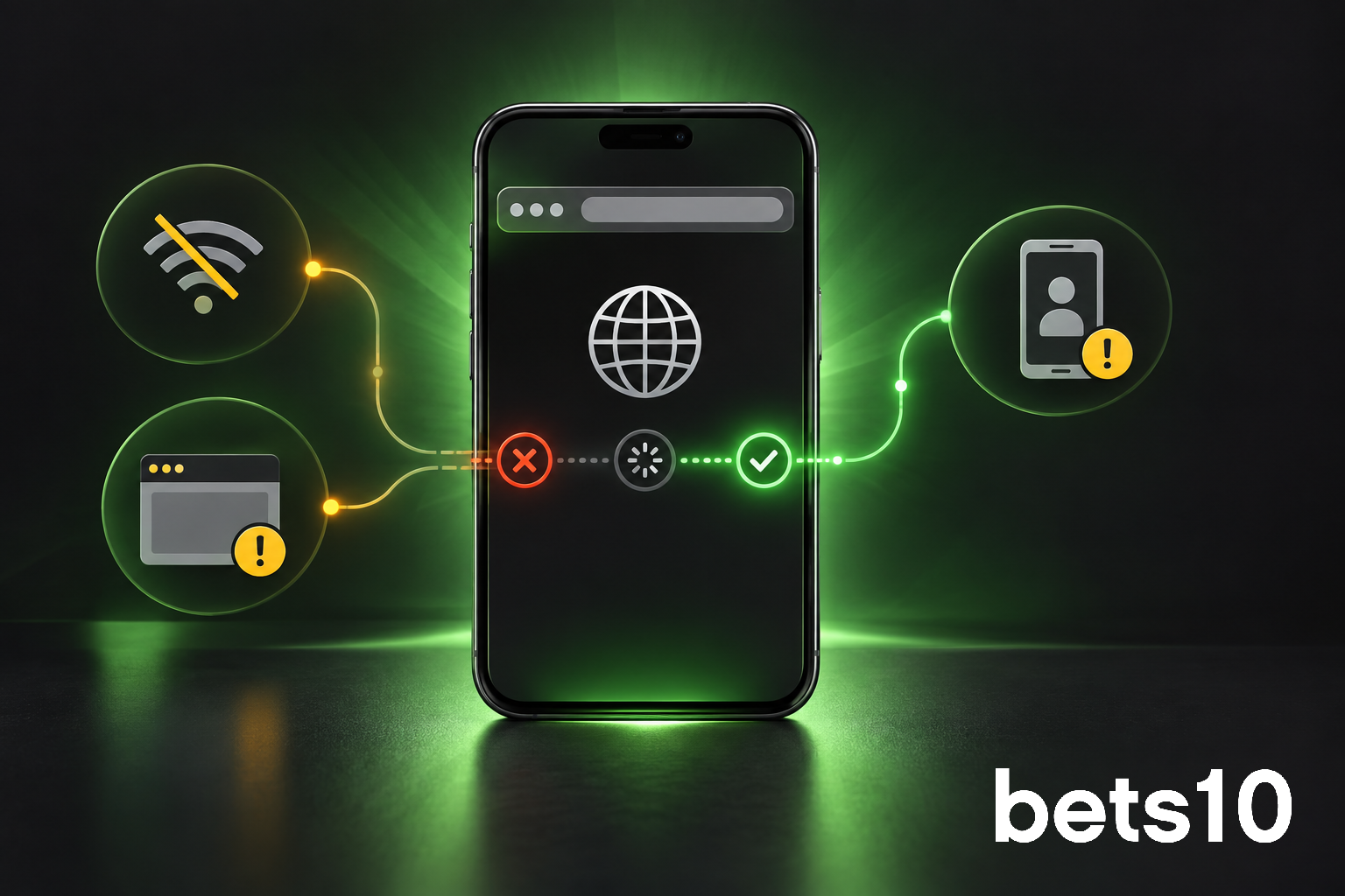 Koyu zeminde yeşil ışıkla bağlantısı yeniden kurulan telefon, bets10 neden açılmıyor sorusuna yönelik tarayıcı ve bağlantı kontrollerini simgeliyor.