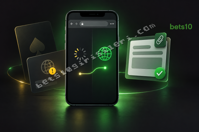 Koyu zeminde yeşil bağlantı ışığıyla çevrili telefon ve destek formu, Bets10 poker giriş sorunu için başvuru hazırlığını simgeliyor.