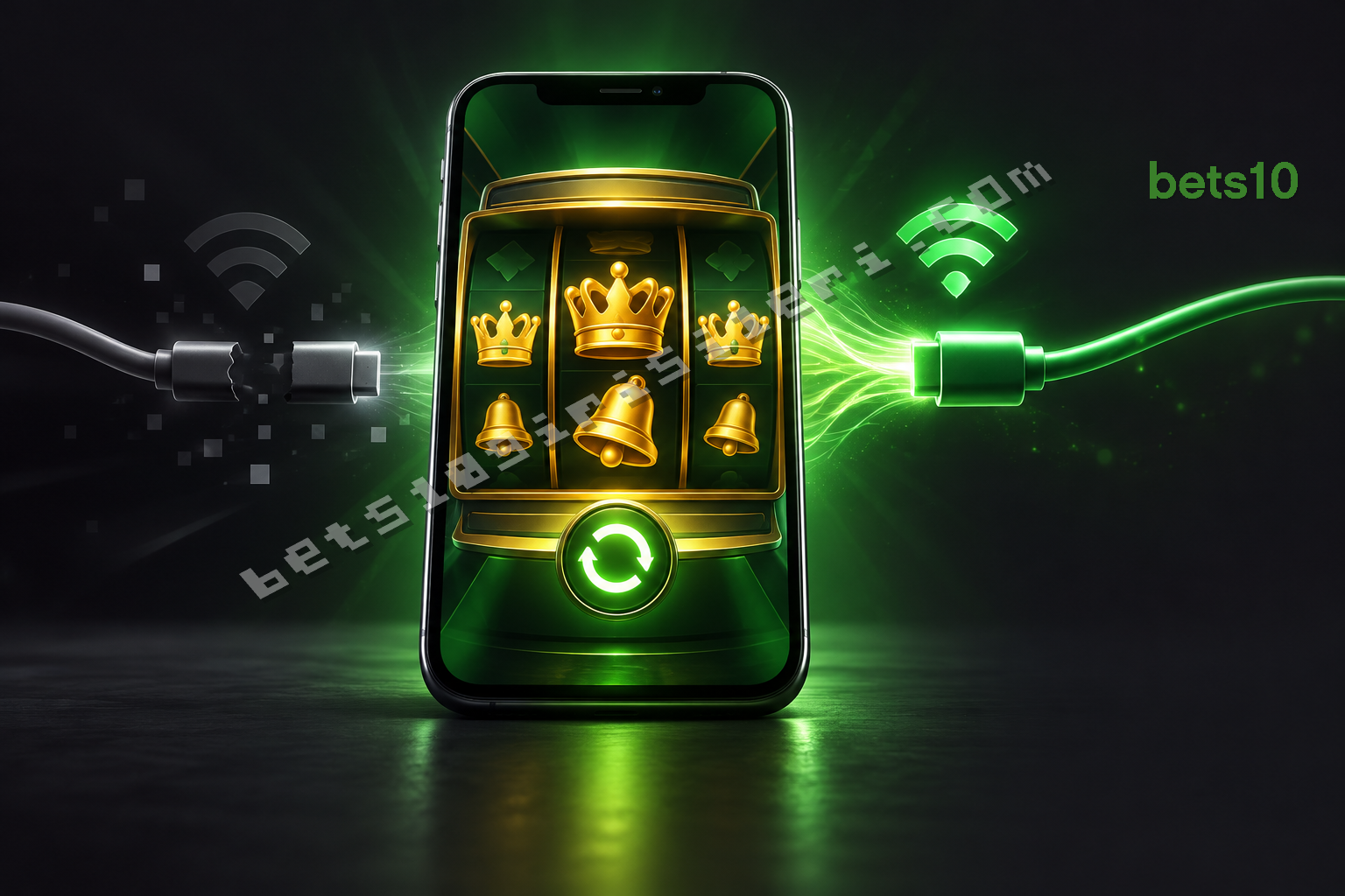 Koyu zeminde yeşil bağlantı ışığıyla aydınlanan telefon, bets10 40 shining crown bell link erişimini temsil eden altın taç ve çan sembollerini gösteriyor.