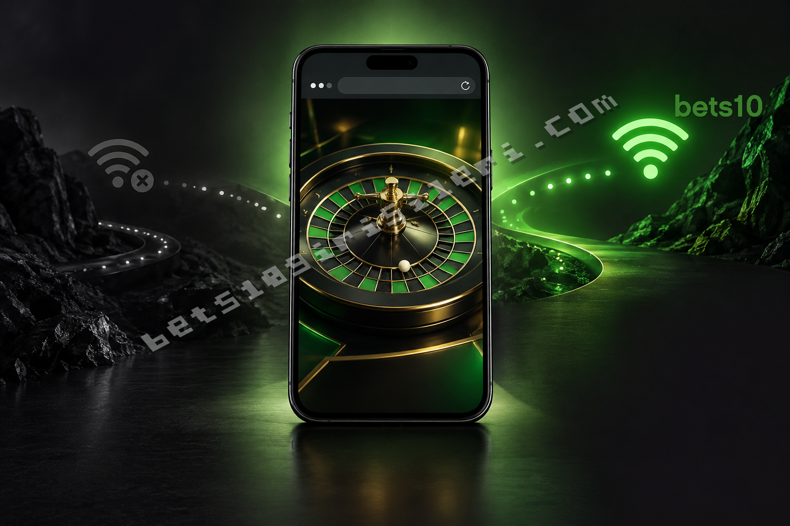 Koyu zeminde yeşil ışıkla bağlantısı yeniden kurulan telefon ekranı, Bets10 Auto Roulette erişimini simgeleyen bir rulet çarkı gösteriyor.