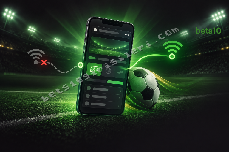 Koyu zeminde yeşil bağlantı ışığıyla çevrelenen telefon ve futbol topu, bets10 bahis bölümüne mobil erişim kontrolünü betimliyor.